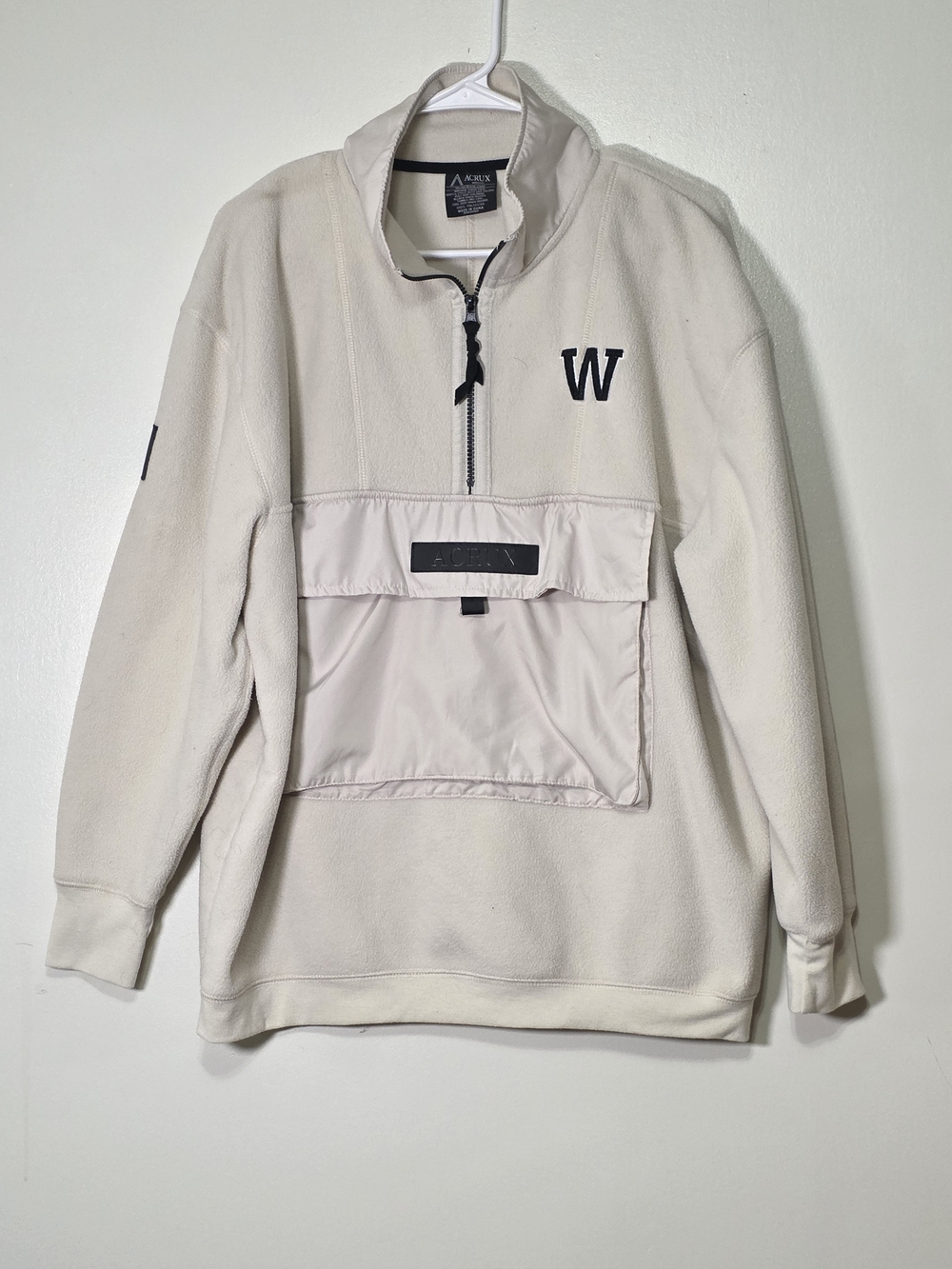 Men's Cream Quarter-Zip Fleece Pullover with Front Pocket - W